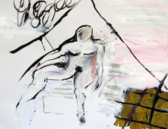Drawing No. 94 on The Eternal Woman by Cezanne o.i.ink, crayon, acryl, scrap, emaille paint on paper 50 x 65 cm 2014